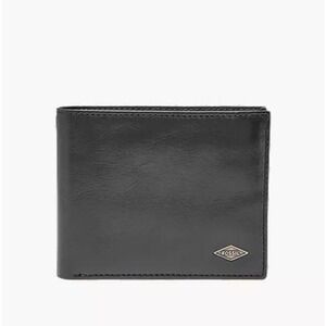 Fossil Mens Black Leather Bifold Wallet with Flip ID Window Diamond Logo